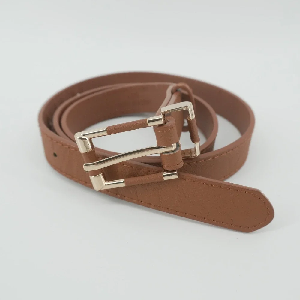 Faux Leather Belt Womens L/XL Brown Gold Buckle Skinny Waist Belt